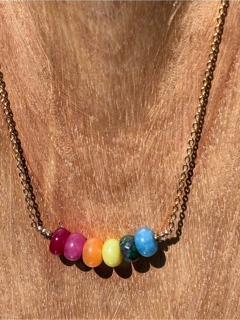 Handmade Rainbow Stone on Gold Tone Chain Necklace